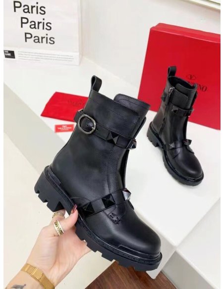 Cheap Reps Valentino Black Roman Stud Combat Boots with Tonal Studs