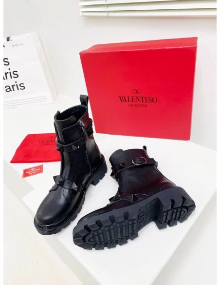 Cheap Reps Valentino Black Roman Stud Combat Boots with Tonal Studs