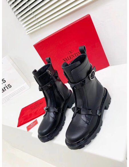 Cheap Reps Valentino Black Roman Stud Combat Boots with Tonal Studs