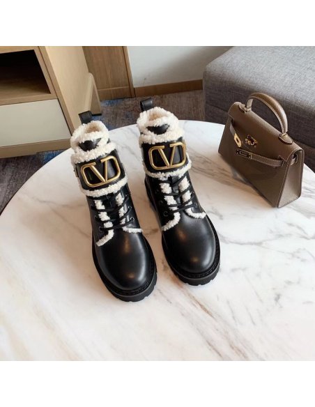 Cheap Reps Valentino VLogo Combat Boots with Shearling Lining