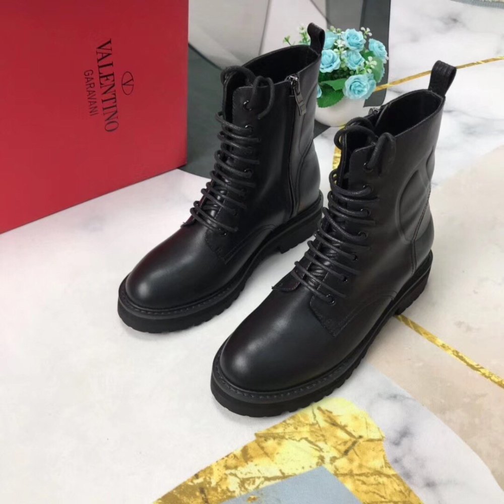 Cheap Reps Valentino Black Leather VLogo Combat Boots