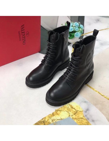 Cheap Reps Valentino Black Leather VLogo Combat Boots