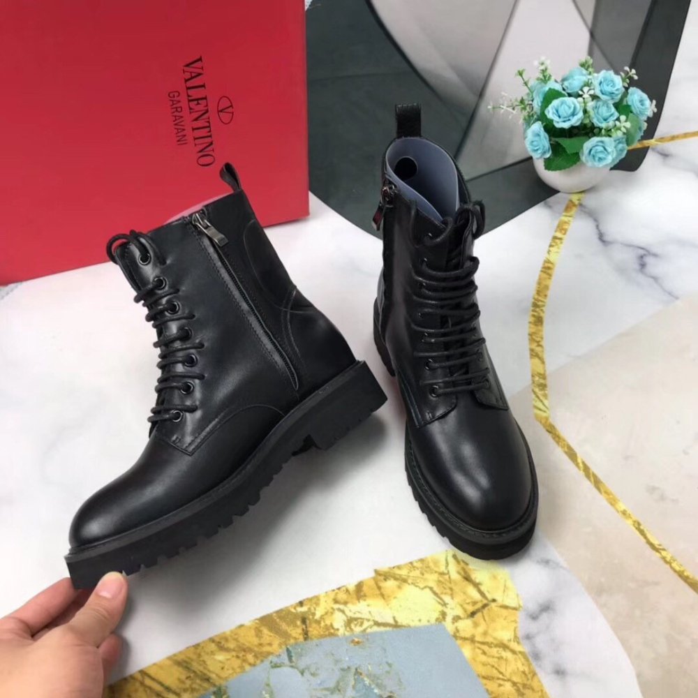 Cheap Reps Valentino Black Leather VLogo Combat Boots