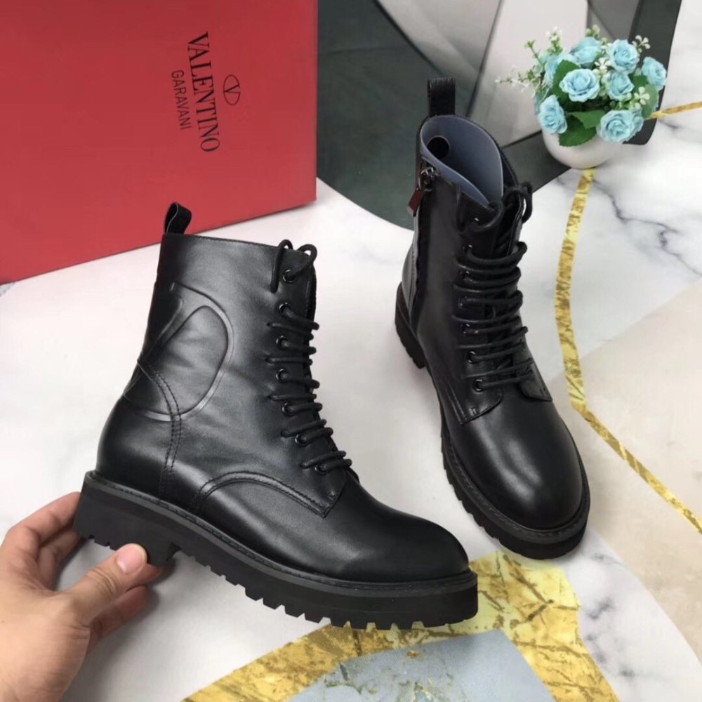 Cheap Reps Valentino Black Leather VLogo Combat Boots