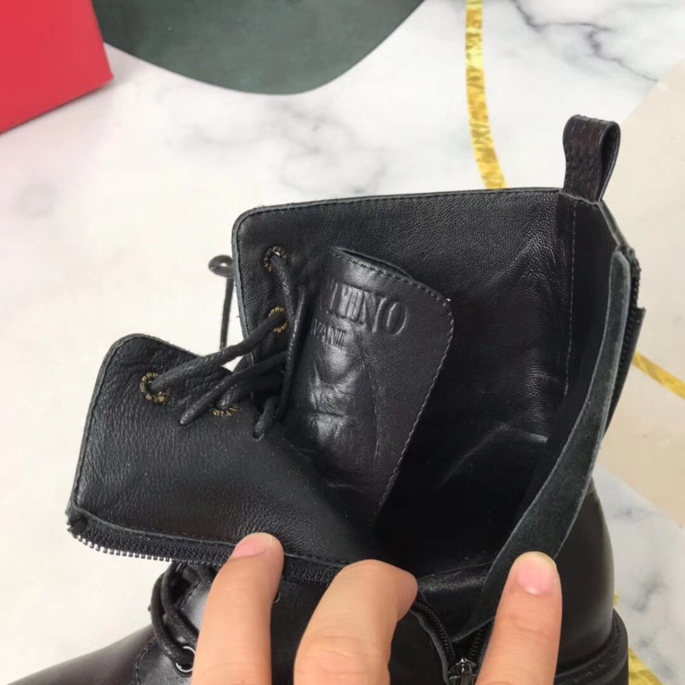 Cheap Reps Valentino Black Leather VLogo Combat Boots