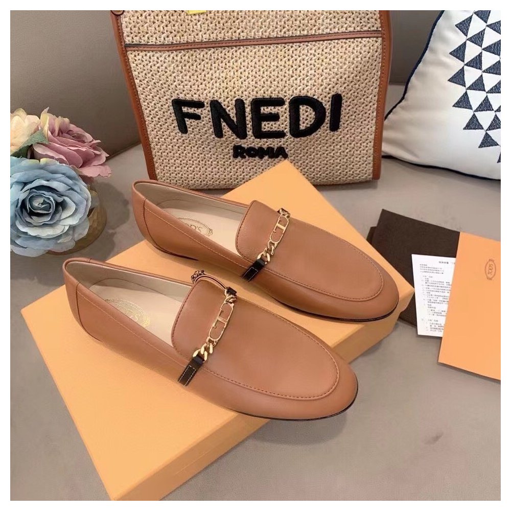 Cheap Reps Tods Womens Brown Chain-embellished Leather Loafers