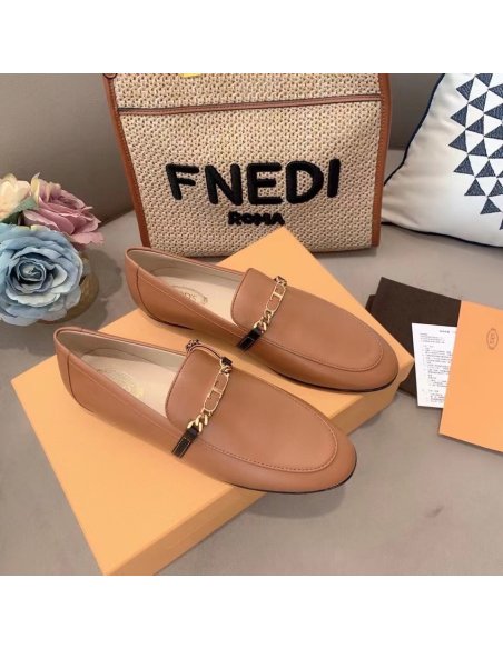 Cheap Reps Tods Womens Brown Chain-embellished Leather Loafers