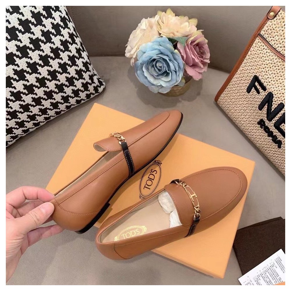 Cheap Reps Tods Womens Brown Chain-embellished Leather Loafers