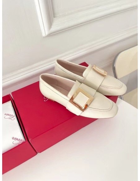 Cheap Reps Roger Vivier Soft Metal Buckle Loafers in White Leather