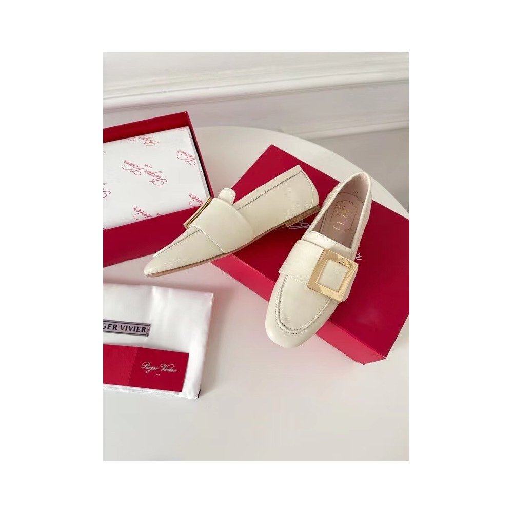 Cheap Reps Roger Vivier Soft Metal Buckle Loafers in White Leather