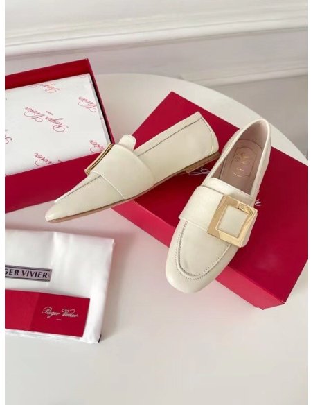Cheap Reps Roger Vivier Soft Metal Buckle Loafers in White Leather