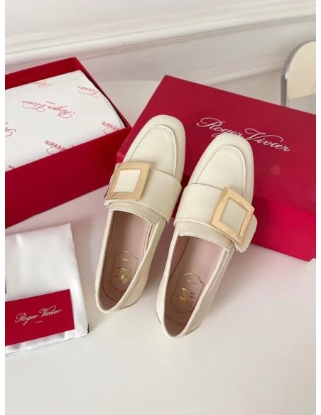 Cheap Reps Roger Vivier Soft Metal Buckle Loafers in White Leather