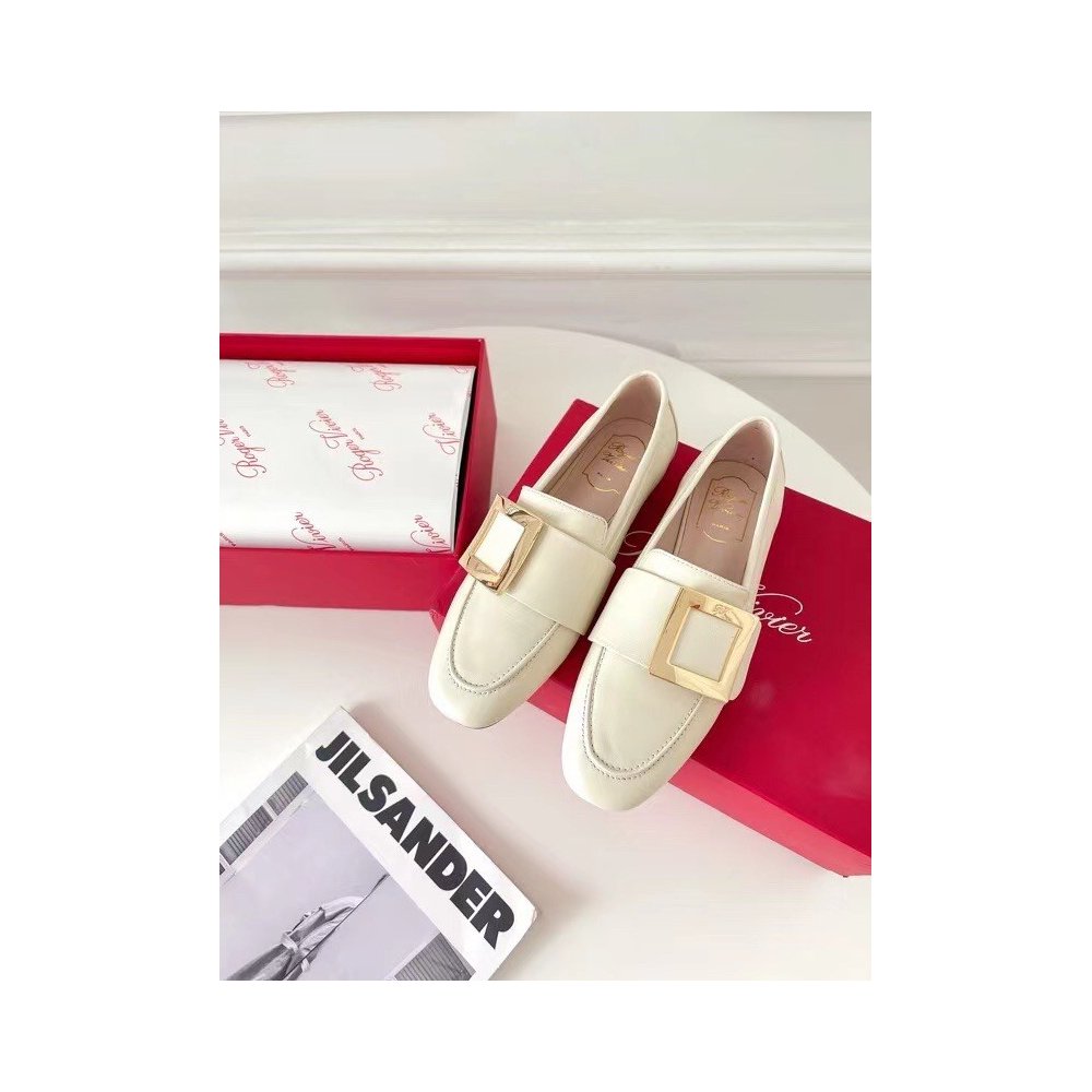 Cheap Reps Roger Vivier Soft Metal Buckle Loafers in White Leather