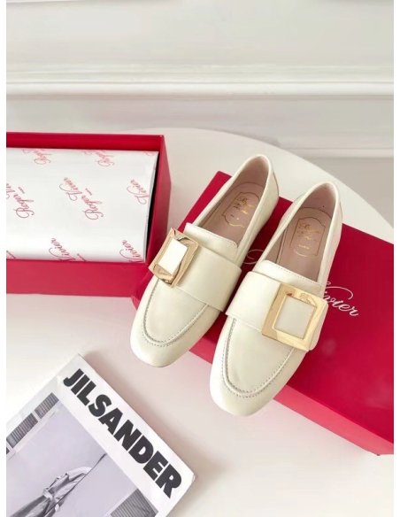Cheap Reps Roger Vivier Soft Metal Buckle Loafers in White Leather