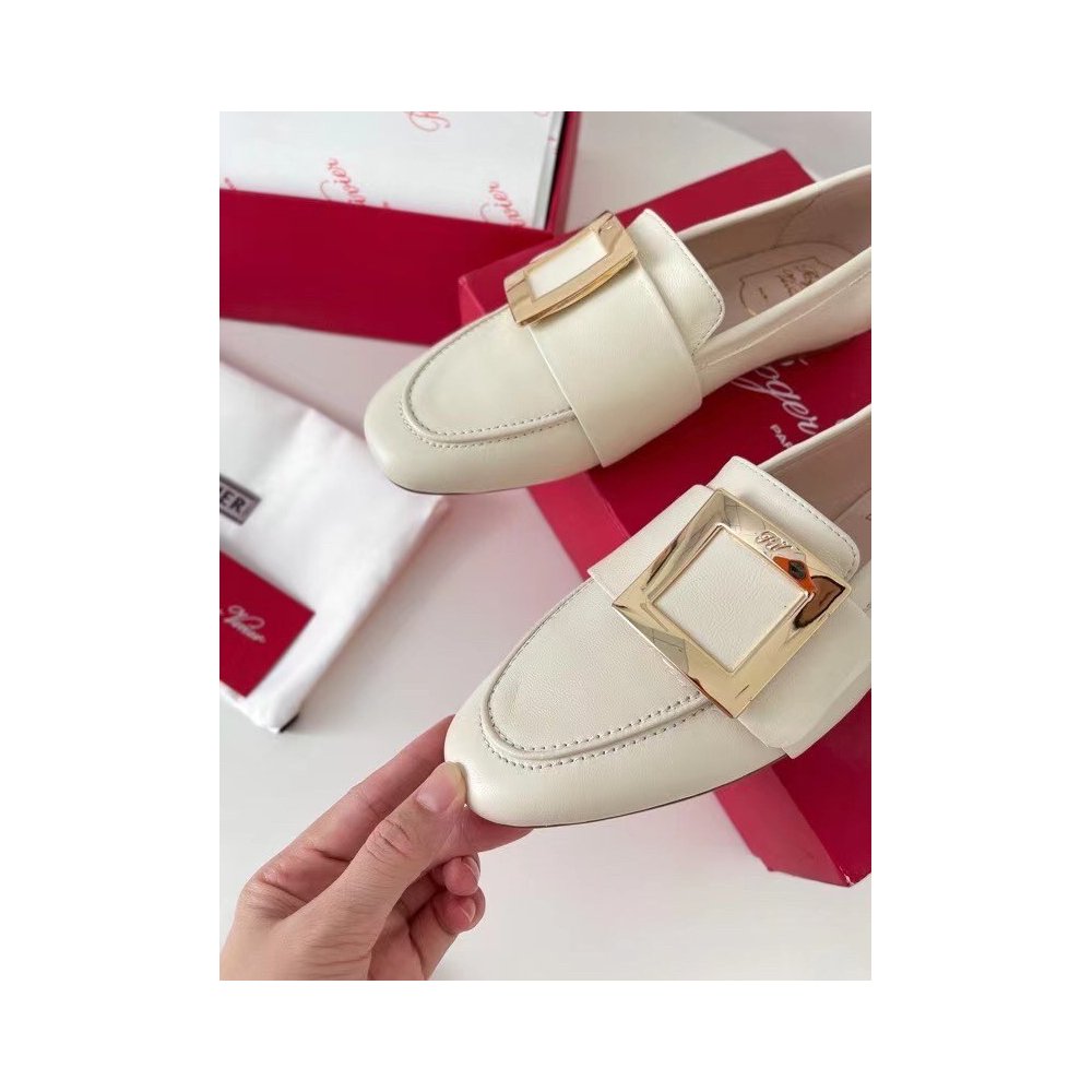 Cheap Reps Roger Vivier Soft Metal Buckle Loafers in White Leather