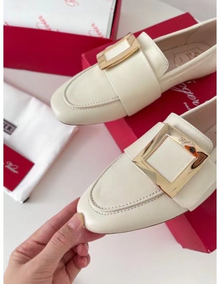 Cheap Reps Roger Vivier Soft Metal Buckle Loafers in White Leather