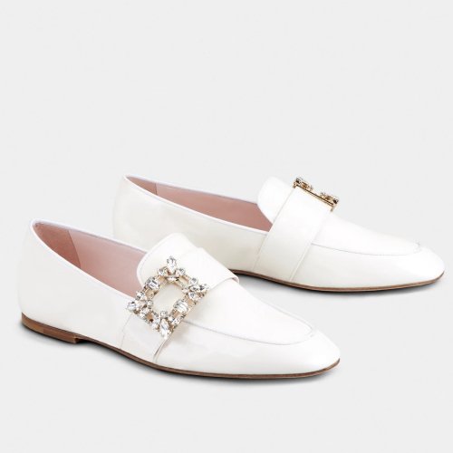 Cheap Reps Roger Vivier Mini Broche Buckle Loafers in White Patent Leather