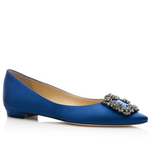 Cheap Reps Manolo Blahnik Hangisi Flats In Blue Satin with Crystal Buckle
