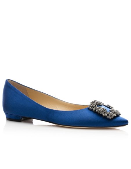 Cheap Reps Manolo Blahnik Hangisi Flats In Blue Satin with Crystal Buckle