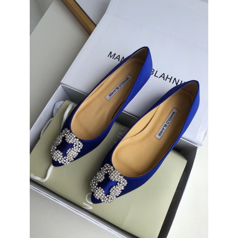 Cheap Reps Manolo Blahnik Hangisi Flats In Blue Satin with Crystal Buckle