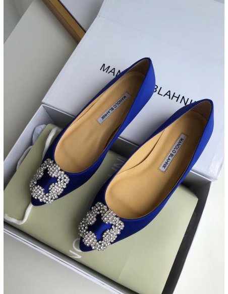 Cheap Reps Manolo Blahnik Hangisi Flats In Blue Satin with Crystal Buckle