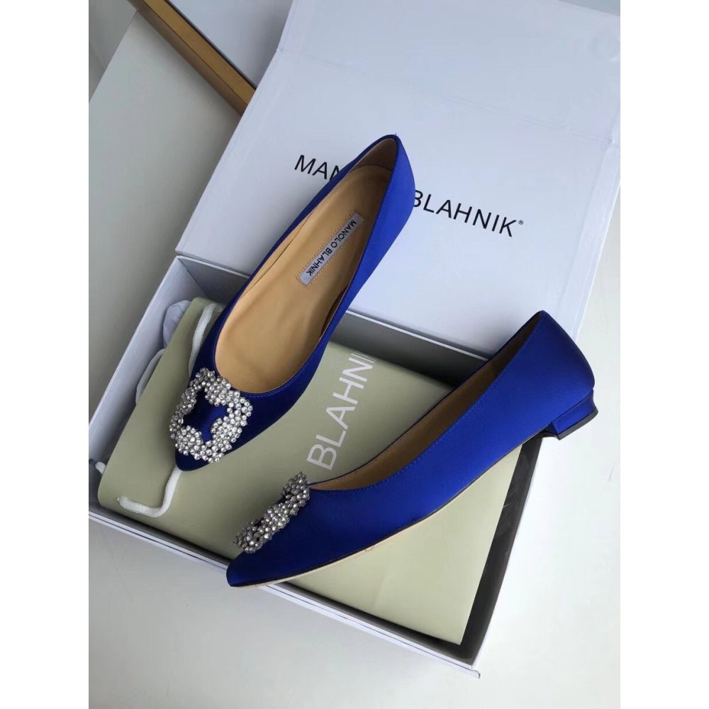 Cheap Reps Manolo Blahnik Hangisi Flats In Blue Satin with Crystal Buckle