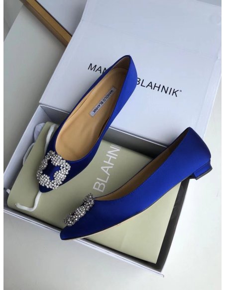 Cheap Reps Manolo Blahnik Hangisi Flats In Blue Satin with Crystal Buckle