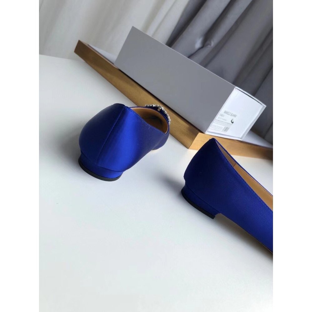 Cheap Reps Manolo Blahnik Hangisi Flats In Blue Satin with Crystal Buckle