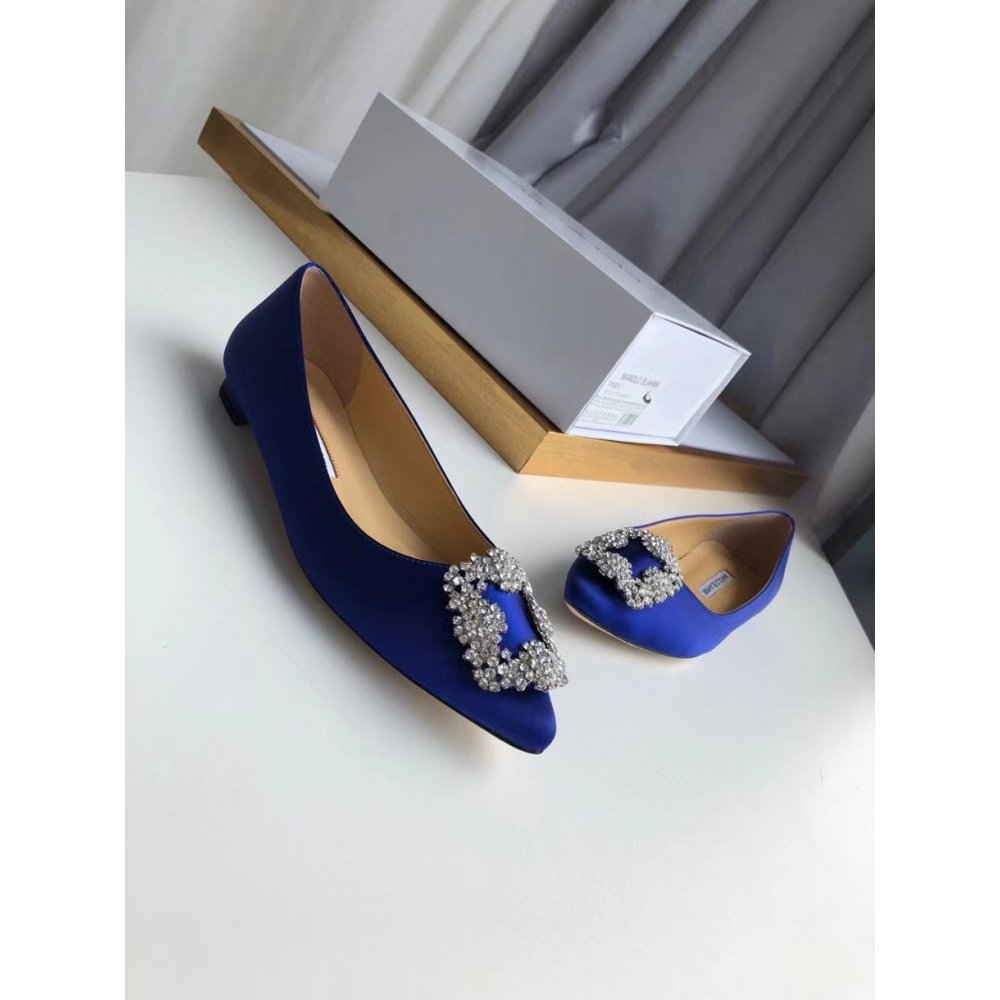 Cheap Reps Manolo Blahnik Hangisi Flats In Blue Satin with Crystal Buckle
