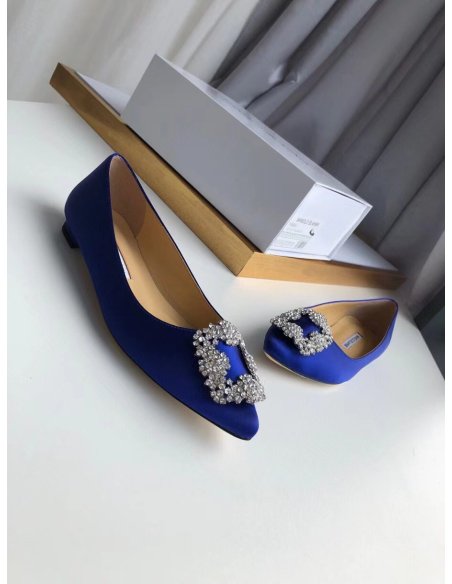 Cheap Reps Manolo Blahnik Hangisi Flats In Blue Satin with Crystal Buckle