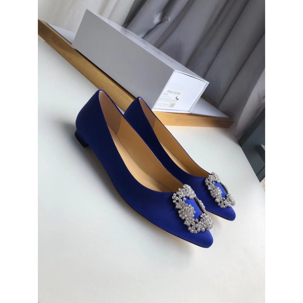 Cheap Reps Manolo Blahnik Hangisi Flats In Blue Satin with Crystal Buckle