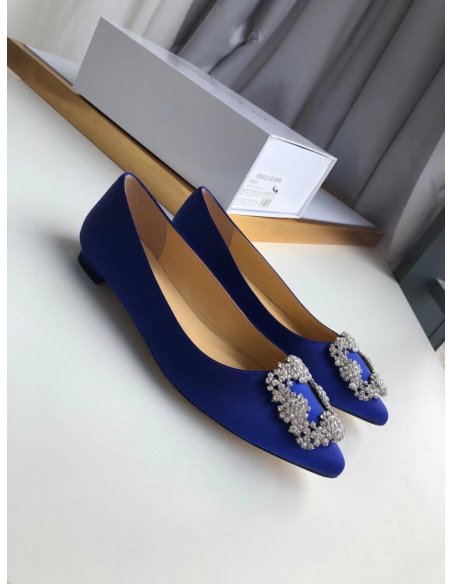 Cheap Reps Manolo Blahnik Hangisi Flats In Blue Satin with Crystal Buckle