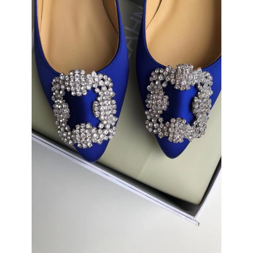 Cheap Reps Manolo Blahnik Hangisi Flats In Blue Satin with Crystal Buckle