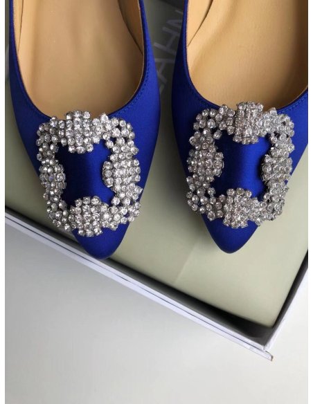 Cheap Reps Manolo Blahnik Hangisi Flats In Blue Satin with Crystal Buckle