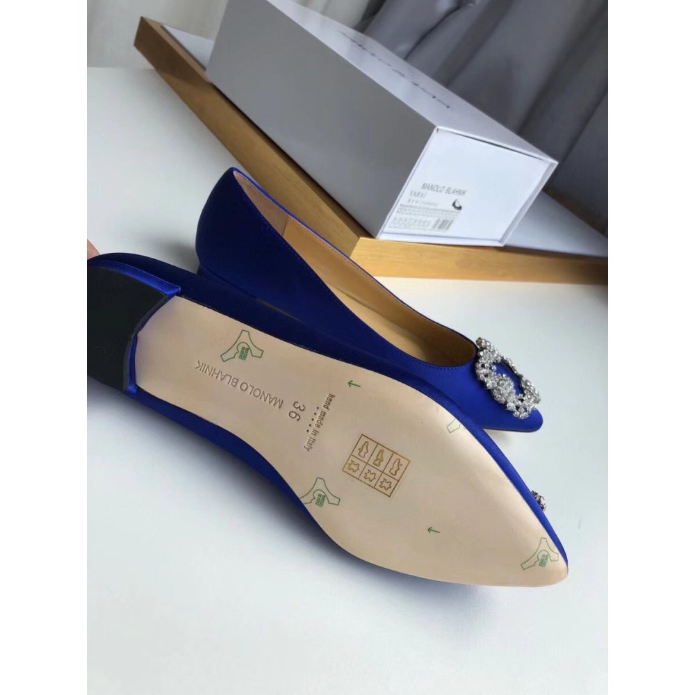 Cheap Reps Manolo Blahnik Hangisi Flats In Blue Satin with Crystal Buckle