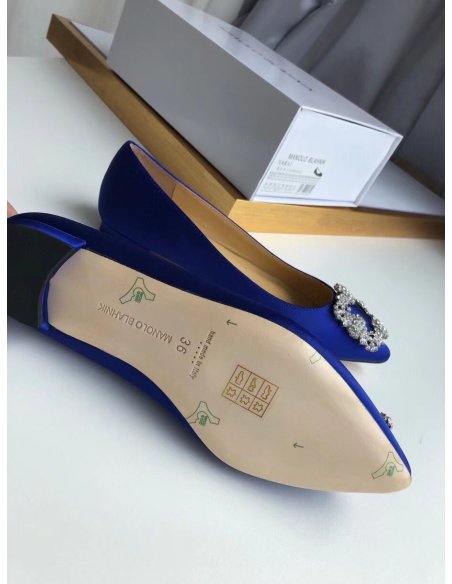 Cheap Reps Manolo Blahnik Hangisi Flats In Blue Satin with Crystal Buckle