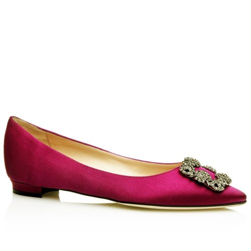 Cheap Reps Manolo Blahnik Hangisi Flats In Bordeaux Satin with Crystal Buckle