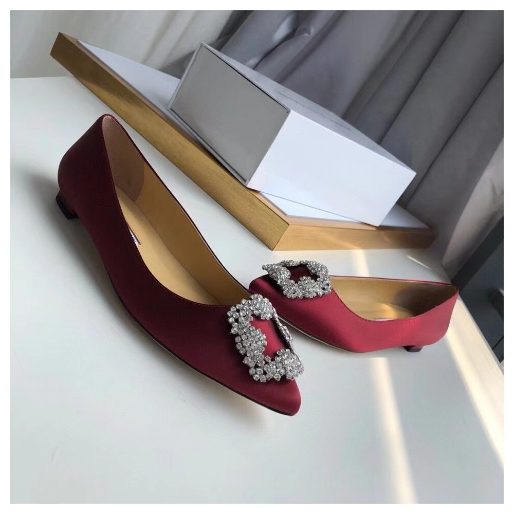 Cheap Reps Manolo Blahnik Hangisi Flats In Bordeaux Satin with Crystal Buckle