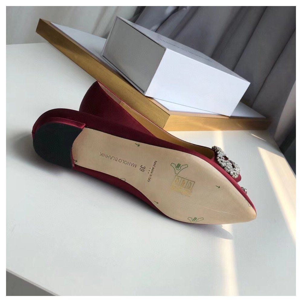 Cheap Reps Manolo Blahnik Hangisi Flats In Bordeaux Satin with Crystal Buckle