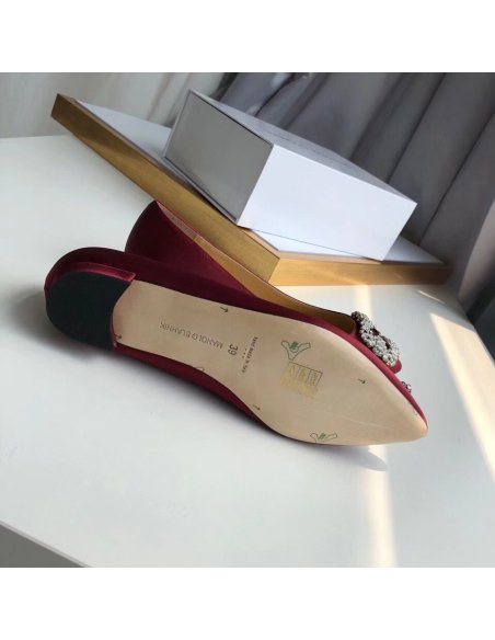 Cheap Reps Manolo Blahnik Hangisi Flats In Bordeaux Satin with Crystal Buckle