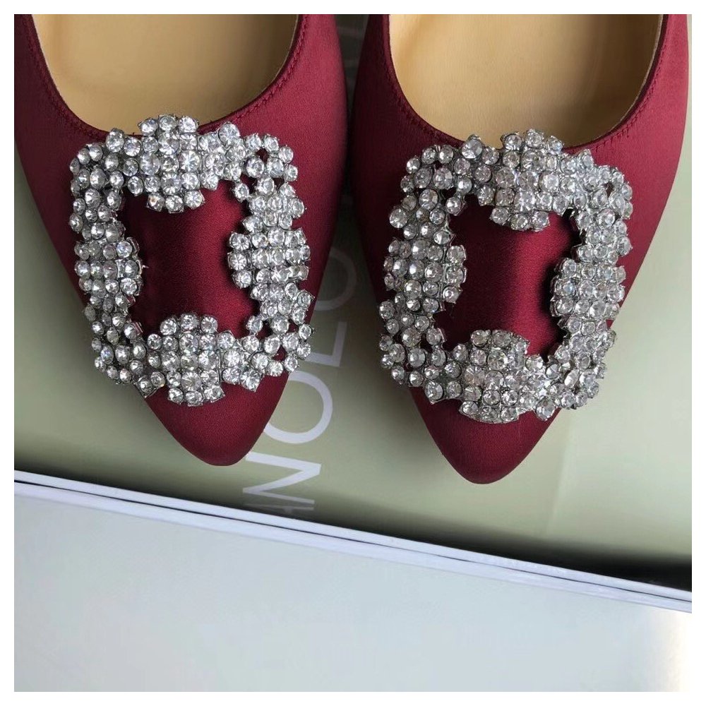 Cheap Reps Manolo Blahnik Hangisi Flats In Bordeaux Satin with Crystal Buckle