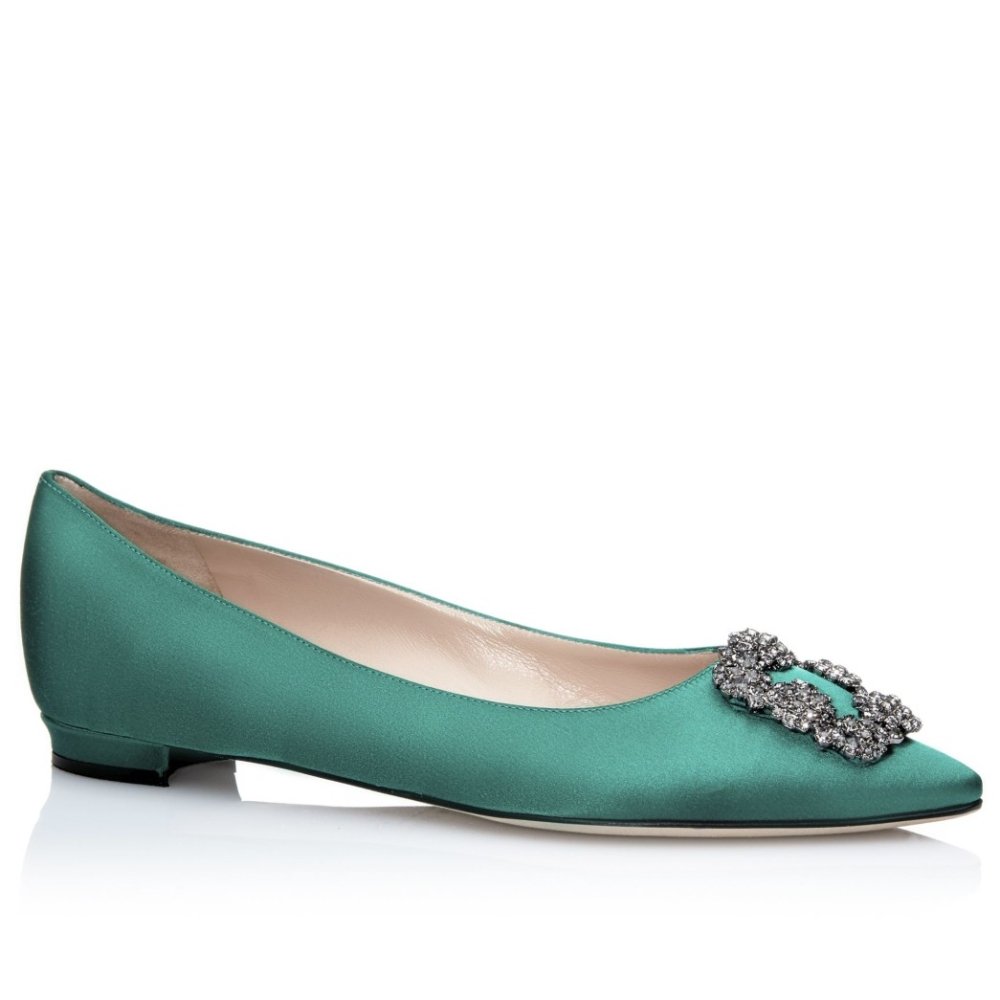 Cheap Reps Manolo Blahnik Hangisi Flats In Green Satin with Crystal Buckle