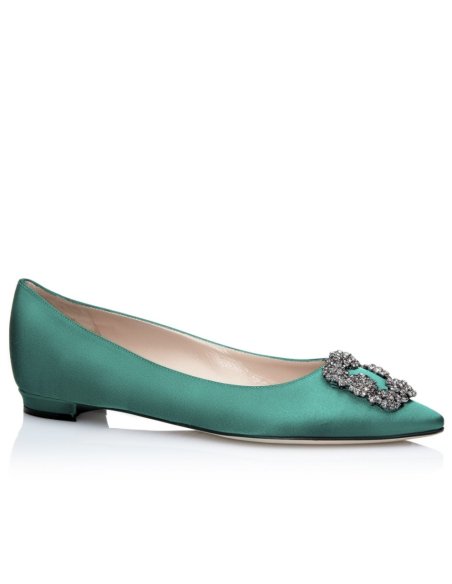 Cheap Reps Manolo Blahnik Hangisi Flats In Green Satin with Crystal Buckle