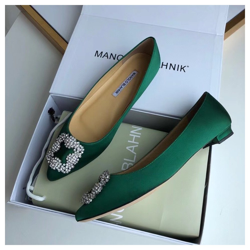Cheap Reps Manolo Blahnik Hangisi Flats In Green Satin with Crystal Buckle