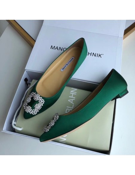 Cheap Reps Manolo Blahnik Hangisi Flats In Green Satin with Crystal Buckle