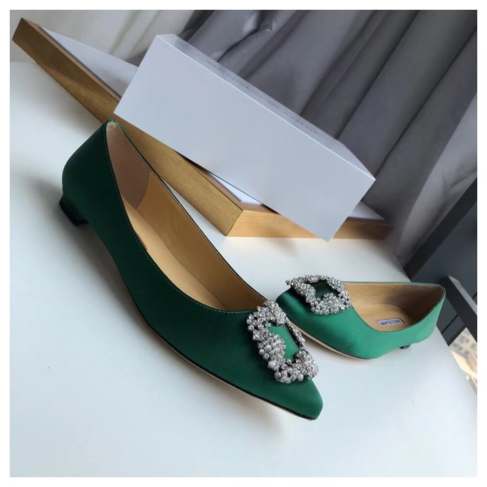 Cheap Reps Manolo Blahnik Hangisi Flats In Green Satin with Crystal Buckle