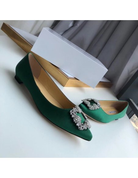 Cheap Reps Manolo Blahnik Hangisi Flats In Green Satin with Crystal Buckle