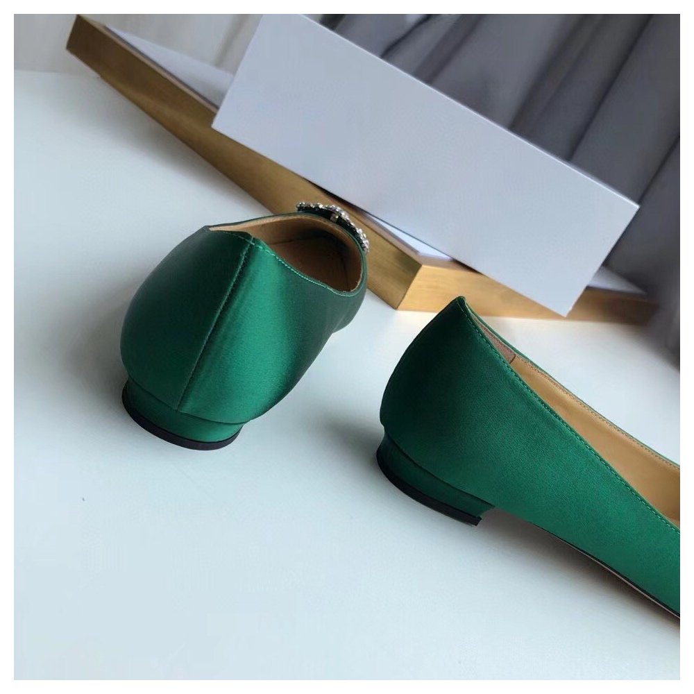 Cheap Reps Manolo Blahnik Hangisi Flats In Green Satin with Crystal Buckle