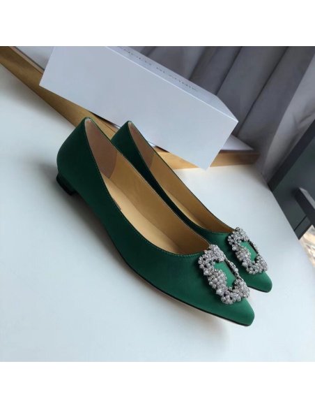 Cheap Reps Manolo Blahnik Hangisi Flats In Green Satin with Crystal Buckle