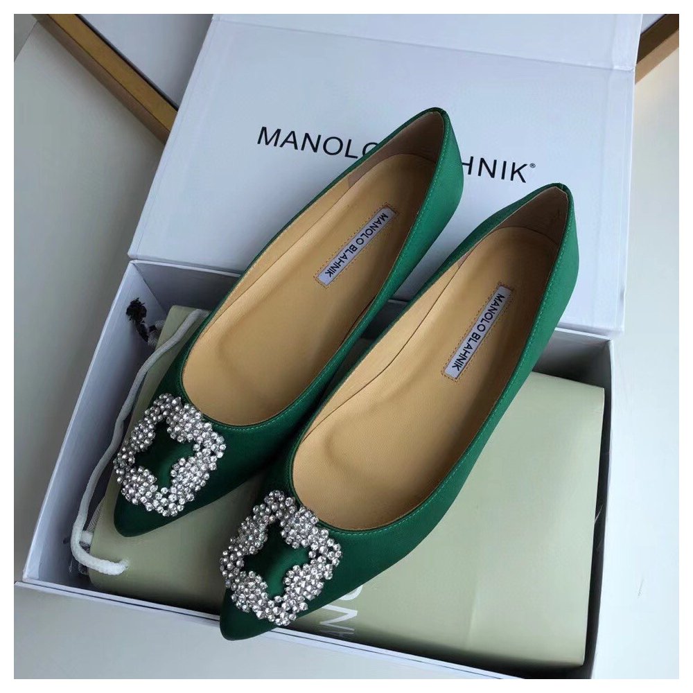 Cheap Reps Manolo Blahnik Hangisi Flats In Green Satin with Crystal Buckle